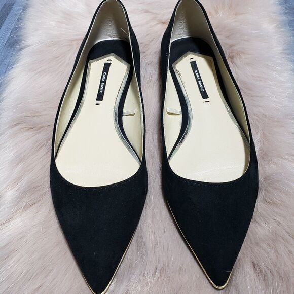 Zara Basics Black Suede Flats with Gold Trim  shoe - Picture 1 of 4